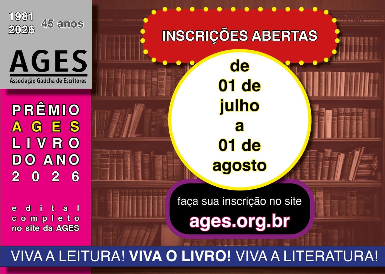 Prêmio AGES Livro do Ano 2026 abre inscrições a partir desta terça, 01/07.