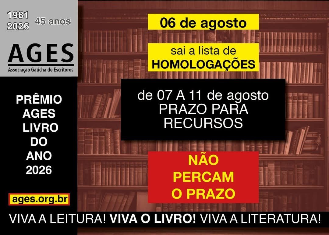 Lista parcial de obras homologadas no Prêmio AGES Livro do Ano 2026 será divulgada na quinta-feira, 06/08 