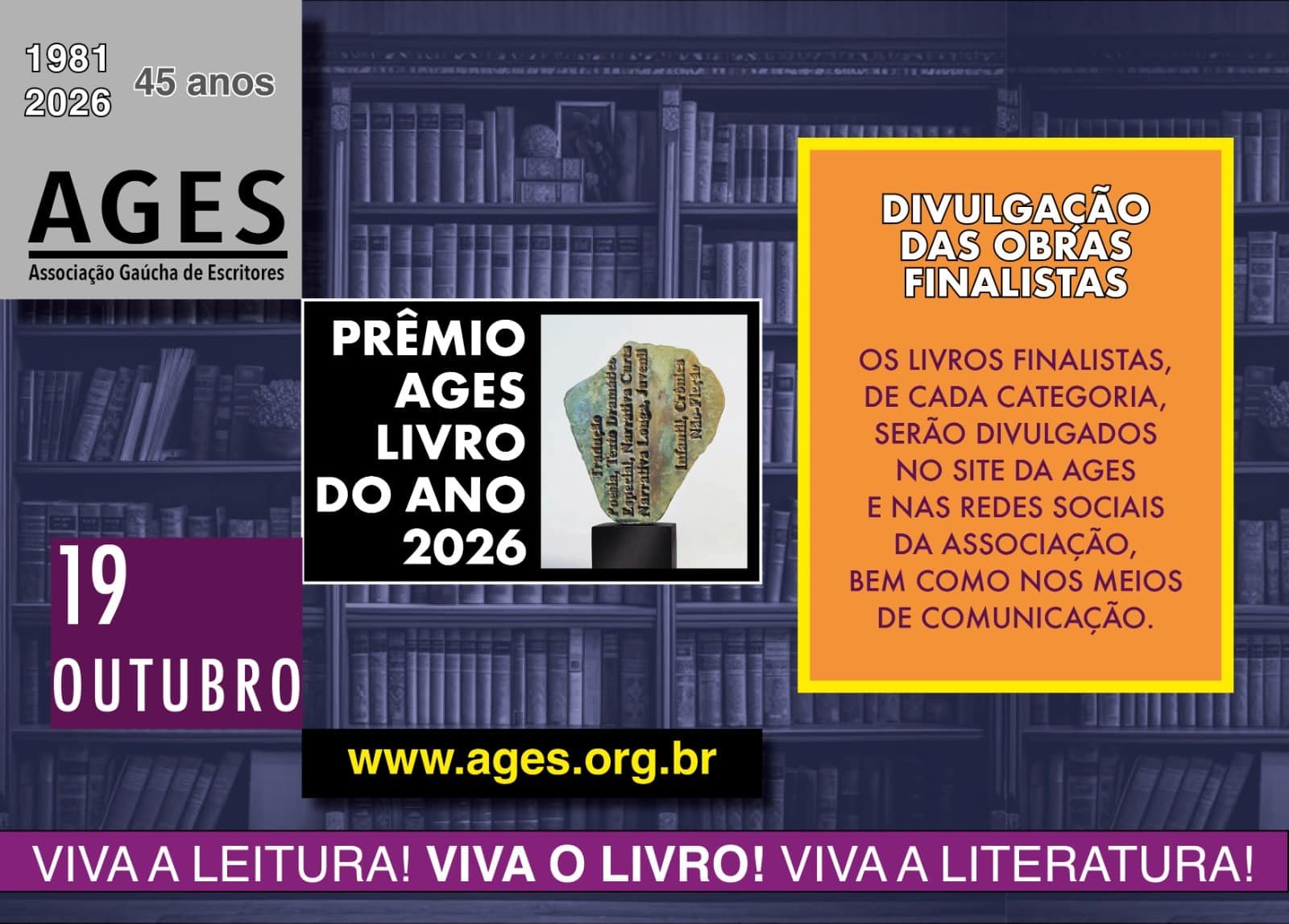 OBRAS FINALISTAS DO PRÊMIO AGESLIVRO DO ANO 2026 SERÃO DIVULGADAS NA PRÓXIMA SEGUNDA-FEIRA, 19/10